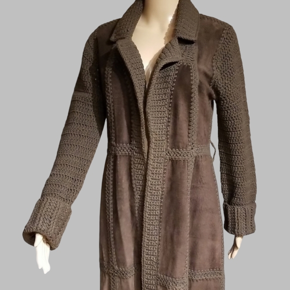 William B Vintage Fall Coat Crochet & Suede Leather / Silk Lined / Sz S / Brown - Picture 7 of 17